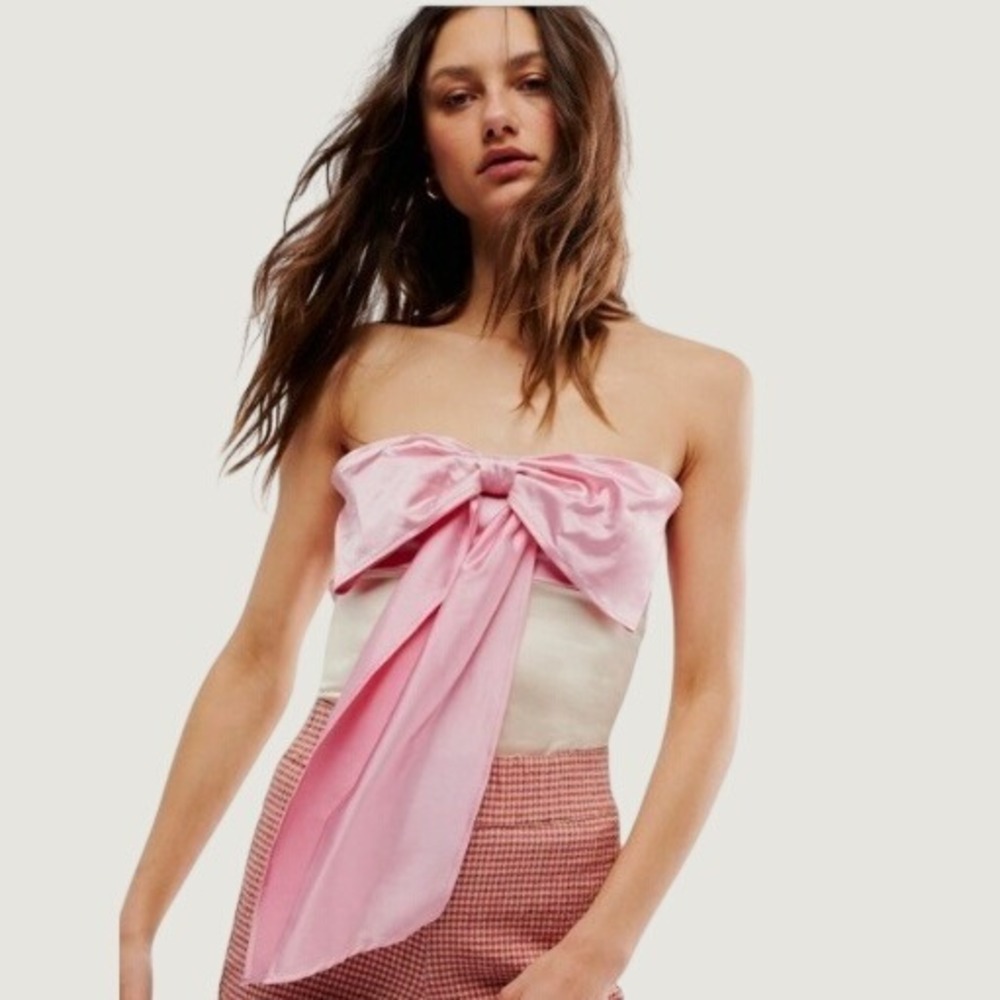 Free People Brenda Knight Womens Satin Bow Front Mini Skirt Pink Cream Size S